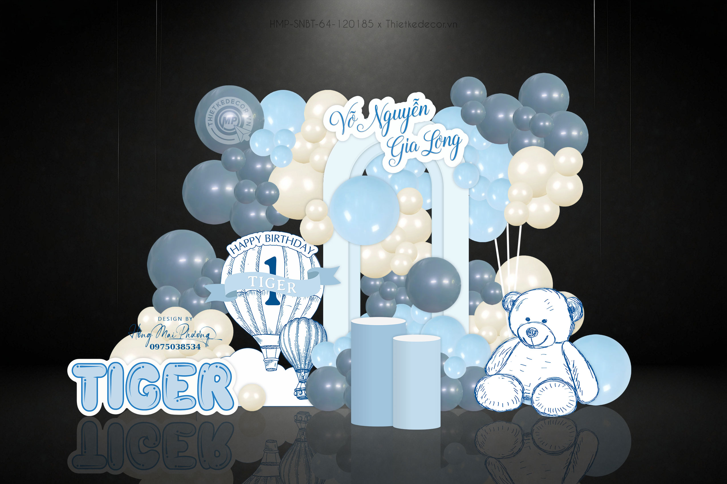 Sinh nhật bé trai tone xanh chủ đề con gấu và khinh khí cầu